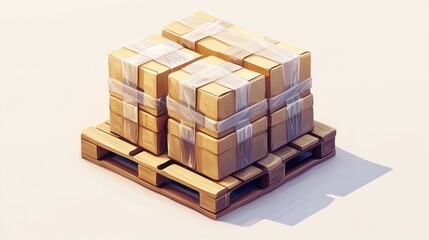 Obraz premium Cardboard boxes secured with plastic wrap on a wooden pallet.