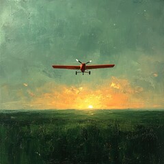 Fototapeta premium Sunset landscape; small plane flies overhead.