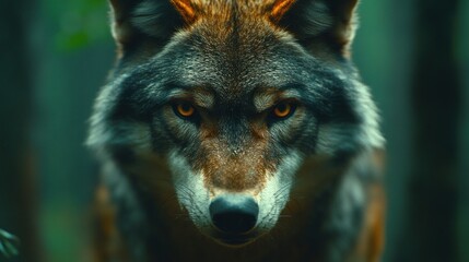 Obraz premium Intense wolf stares in dark forest, predator in wild.