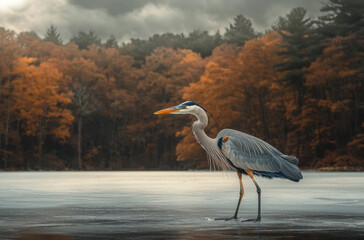 A blue heron wades through a serene lake, surrounded by trees displaying vibrant autumn colors. The sky above is overcast, creating a reflective ambience.