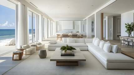 Coastal-inspired living room with a minimalist layout and calming aesthetics
