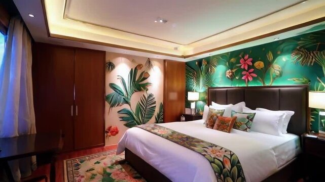A bedroom with a green leafy wall and a bed with a green bedspread. The bed is surrounded by a green runner and has a green pillow