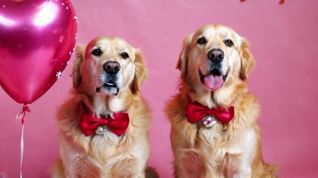 Two dogs wearing red bow ties are sitting next to a red balloon. The dogs are looking at the camera and seem to be enjoying the moment