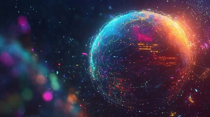 Obraz premium Vibrant Digital Planet Surrounded by Colorful Data Visualizations