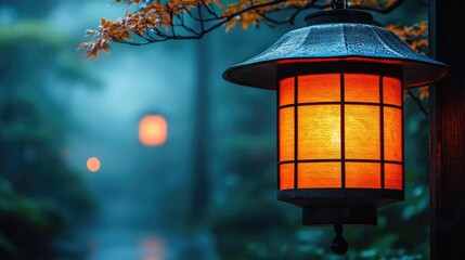 Glowing lantern in misty garden, autumn leaves, tranquil evening scene.