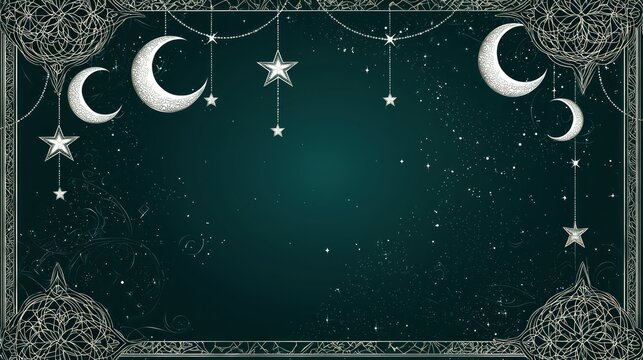 Celestial design with moons and stars on dark background.