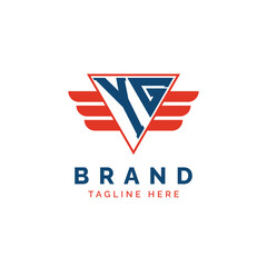 Patriotic YG Logo Initials. Letter YG Winged Logo. Red and Blue Triangle YG with Wing for Aviation, Delivery Services, Sports, Military and Security Agencies