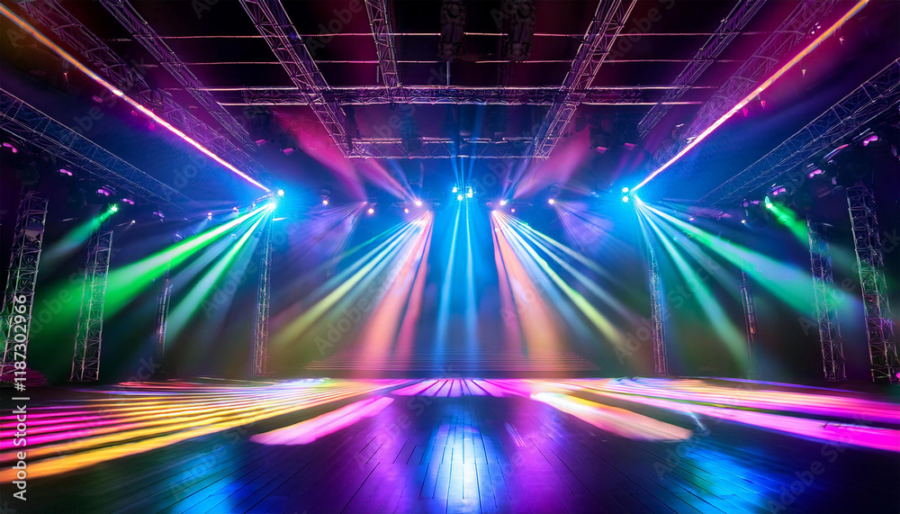 Poster vibrant stage lighting illuminates a modern event space with laser beams and colorful spotlights