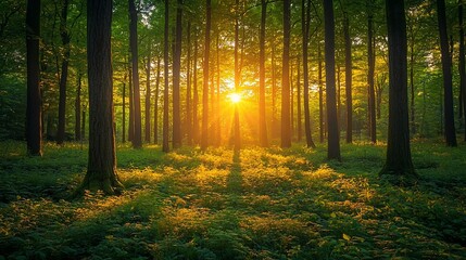 Obraz premium Sun rays illuminate a lush forest at sunset.
