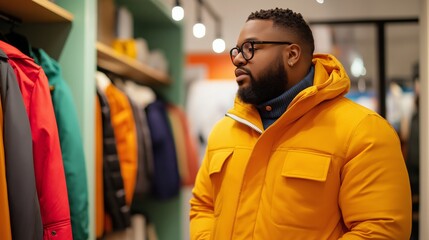 Fototapeta premium A plus-size man thoughtfully selects oversized clothing in a contemporary boutique, surrounded by vibrant colors and eclectic accessories