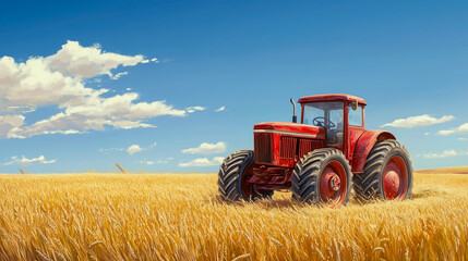 Obraz premium classic tractor in a golden wheat field under a clear blue sky