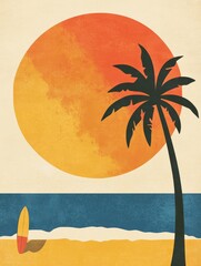 Vintage travel poster with a sunny beach scene, palm trees, and surfboards.
