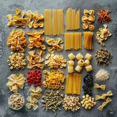 Pasta of various shapes and sizes spread out on a gray surface is great for culinary concepts.