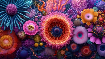 Vibrant Abstract Floral and Microbial Patterns in Bright Colors