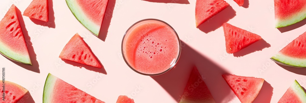Poster glass of refreshing watermelon juice surrounded by fresh watermelon slices arranged on a vibrant pin