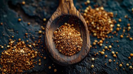 A wooden spoon filled with mustard seeds on a black surface