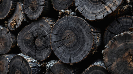 High-quality macro shot of blackwood logs stacked, featuring the intricate bark texture and natural wood grain