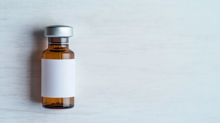 Amber glass vial with blank label on white wood background.