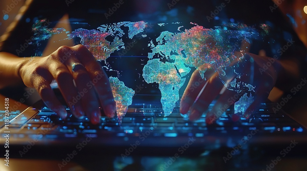Poster hands typing on computer with double exposure of world map
