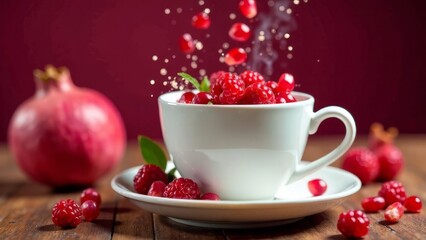 Fototapeta premium Fragrant tea with pomegranate and raspberry seeds in a white cup on a burgundy background