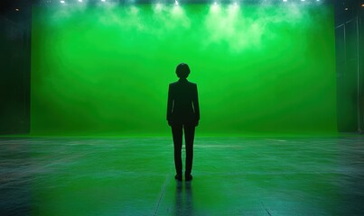 Fototapeta premium Silhouetted figure facing green screen backdrop.