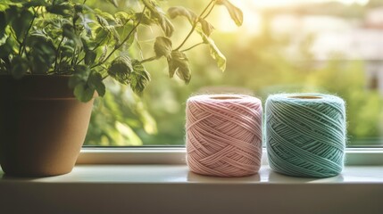 Pink and teal yarn spools on windowsill with potted plant, sunlight.