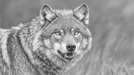 Obraz premium Realistic Black and White Portrait of a Smiling Wolf in Nature