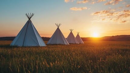 Indigenous community embracing traditional knowledge at sunset tepees in nature cultural heritage tranquil landscape