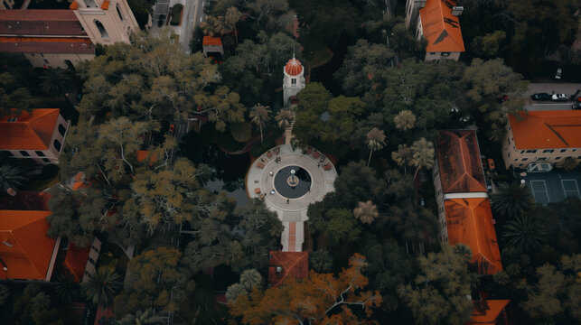 Vista a&eacute;rea de un parque circular con dise&ntilde;o sim&eacute;trico rodeado de edificios urbanos
