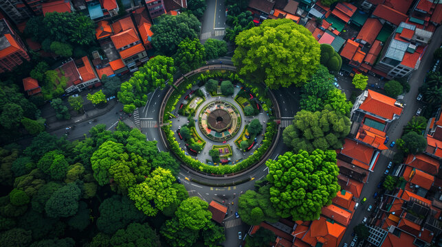 Vista a&eacute;rea de un parque circular con dise&ntilde;o sim&eacute;trico rodeado de edificios urbanos