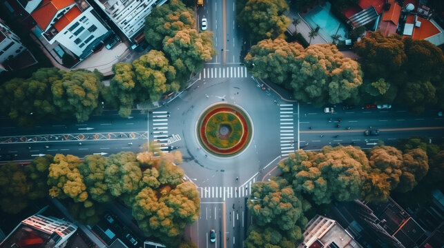 Vista a&eacute;rea de un parque circular con dise&ntilde;o sim&eacute;trico rodeado de edificios urbanos