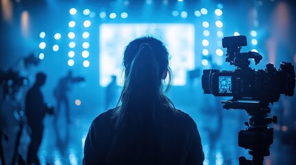 Fototapeta premium Behind the Scenes at a Lively Event With Cameras and Bright Stage Lights. Generative AI