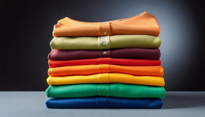 neat stack of colorful folded t shirts on dark background