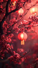 Cherry blossom branch with red lantern on soft muted red background