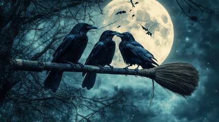 Three ravens perched on a broomstick under a full moon, bats flying.