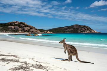 Kangaroo enjoying Australian coastal view on sandy beach