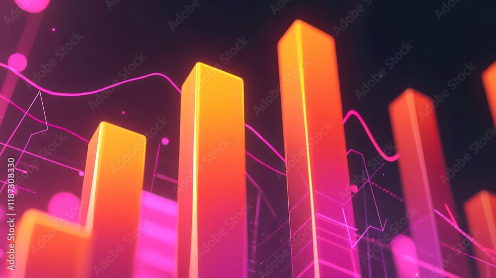 Poster Abstract glowing bar graph with dynamic lines, representing data growth and market trends.