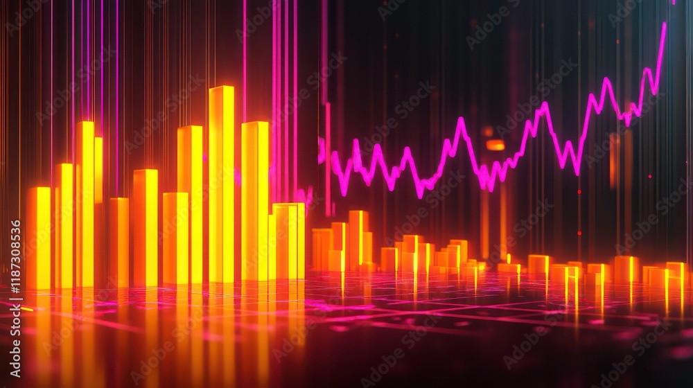 Poster abstract glowing bars and line graph illustrating financial growth, market trends, and data visualiz