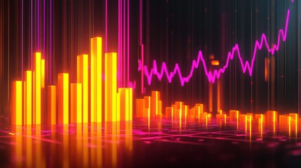 Abstract glowing bars and line graph illustrating financial growth, market trends, and data visualization.