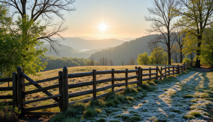 Fototapeta premium Beautiful spring sunrise over rolling hills with wooden fence and blossoming flowers, tranquil outdoor scene