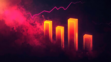 Glowing orange bar graph rises above dark red smoky clouds, illustrating market volatility and financial growth.