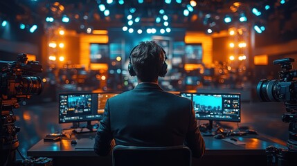 Creative Professional Managing a High-Tech Broadcasting Setup in a Studio. Generative AI