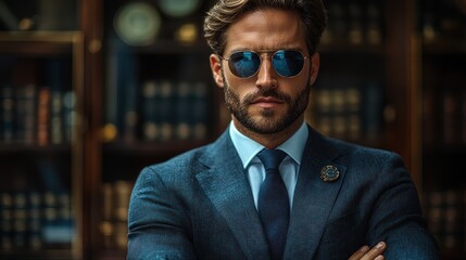 Obraz premium Confident man in suit with sunglasses in library.