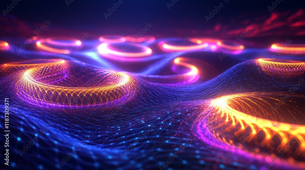 Poster Feedback loops visualized interconnected glowing rings forming seamless flow in a vibrant 3D environment