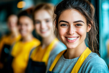 Obraz premium Worker smiling woman in yellow apron for cleaning work with team in teamwork