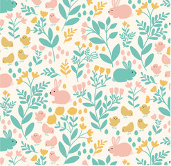 Easter flower bunny pattern, spring, blue, pink, yellow, seamless pattern, background, natural, wrapping paper, flat style, vector illustration. 