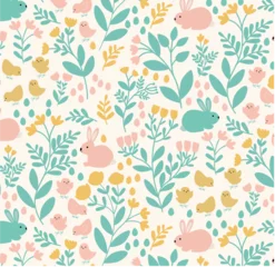 Easter flower bunny pattern, spring, blue, pink, yellow, seamless pattern, background, natural, wrapping paper, flat style, vector illustration. 