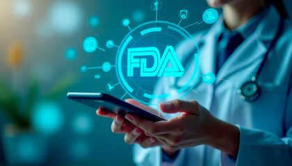 Woman holding tablet with blue screen with FDA. Food and Drug Administration Department Service, Medical technology concept