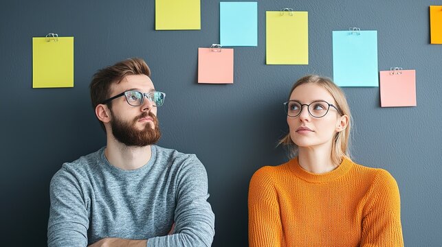 Young couple brainstorming early retirement ideas modern office creative session indoor casual future planning