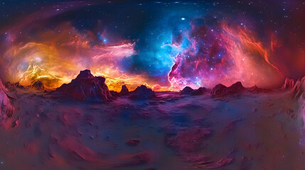 Cosmic nebula 360-degree HDRI map with vibrant space colors for virtual reality settings